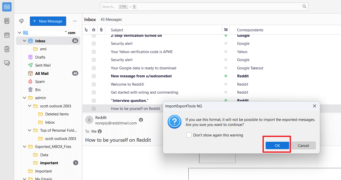 click ok to convert mbox to csv