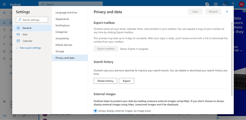 Export PST Filer Office 365 Exchange Admin Center