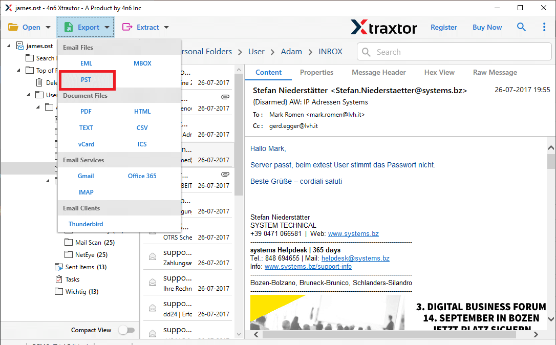 Transfer email folders from one Outlook account to another