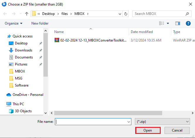 Locate MBOX file in .zip format