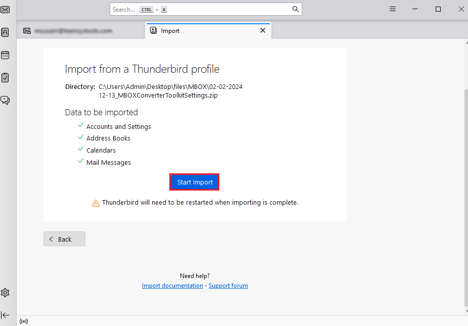 At last start importing MBOX emails to Thunderbird