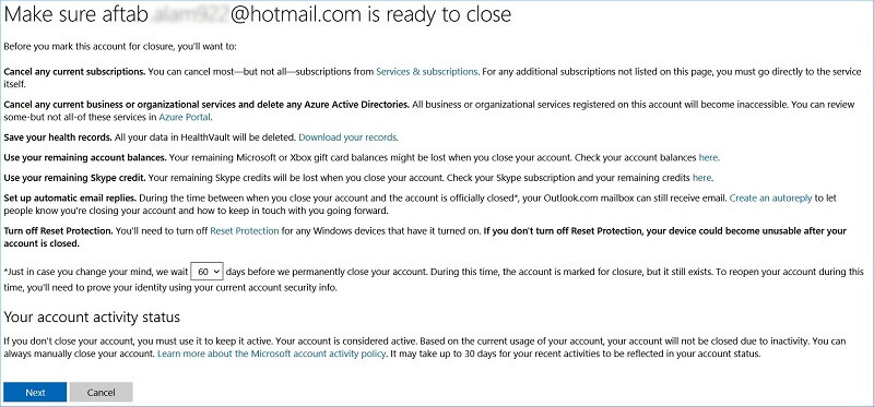 delete hotmail email account permanently