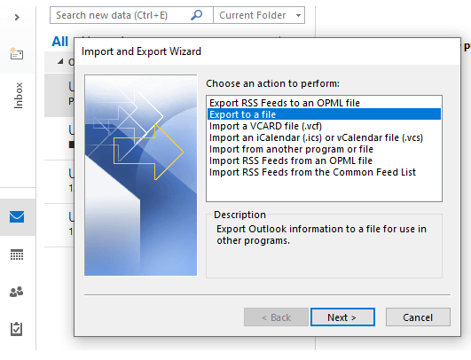 Export Outlook emails to PST file