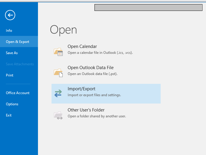 Open import Export tool in Outlook