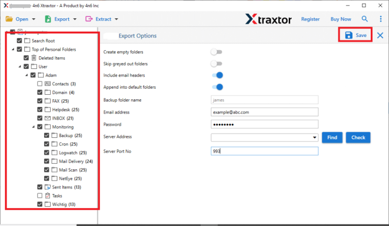 Select the email folders for attachment extraction