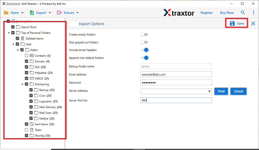 Select the email folder to export