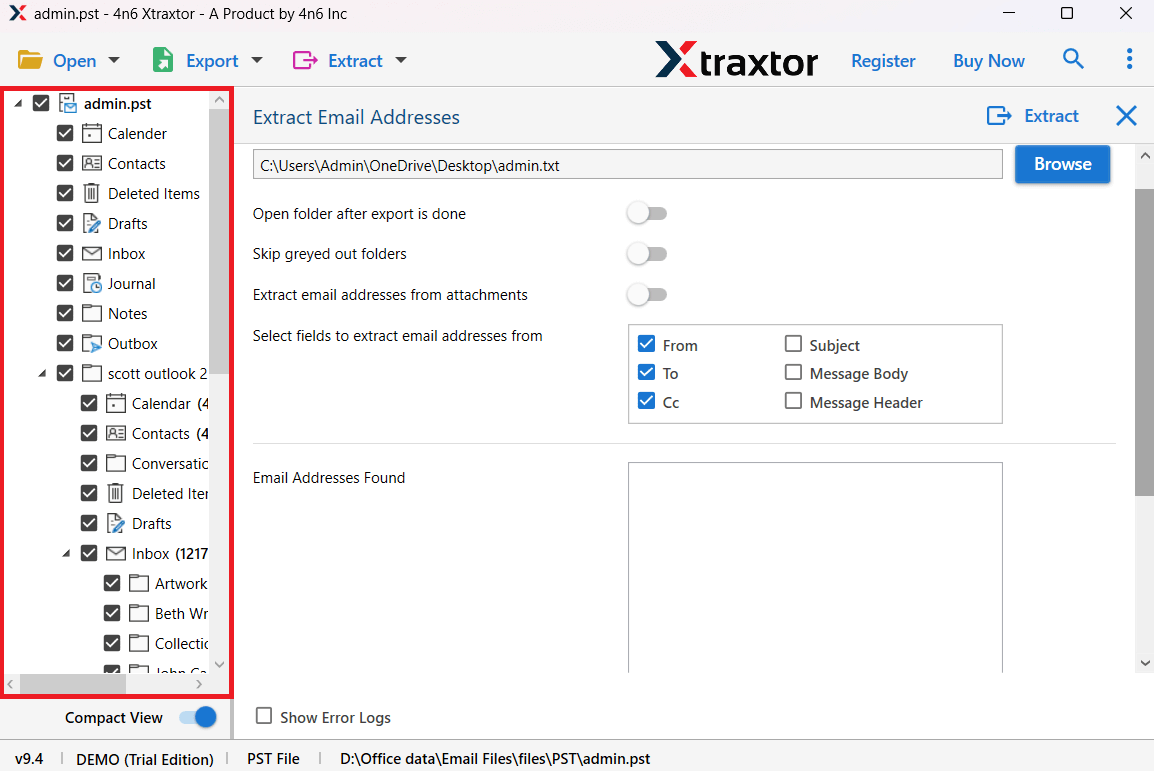 Select folders to extract email addresses