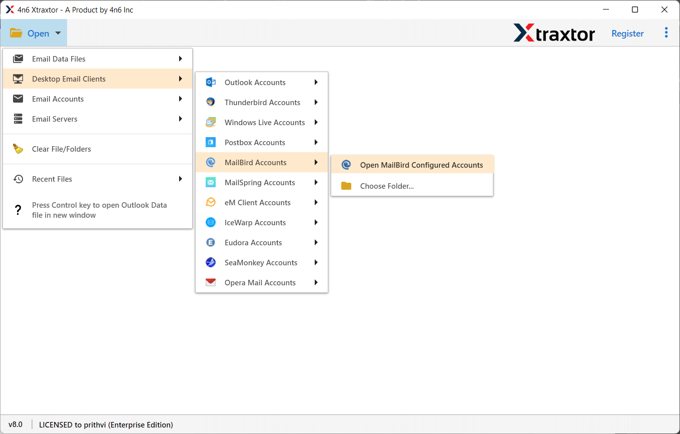 Run the Xtraxtor to Export Mailbird emails to PST