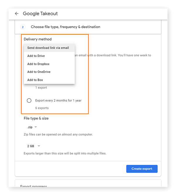 Choose file type, frequency and destination