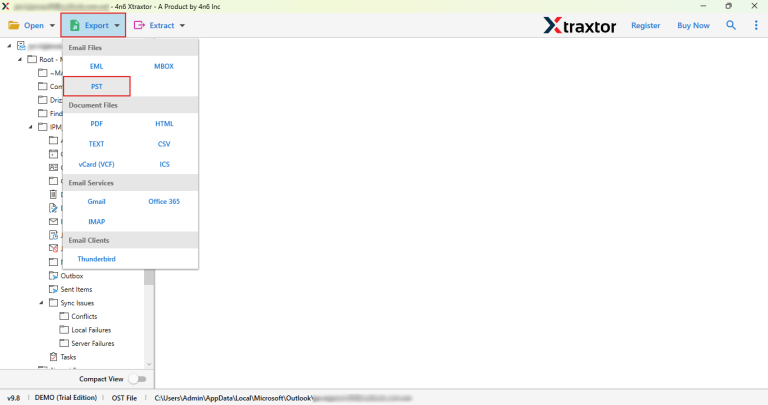 Click on export and select pst