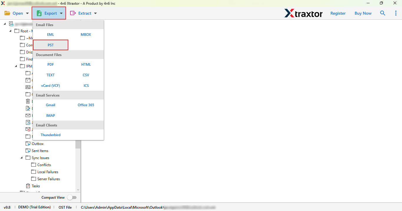 Click on export and select pst