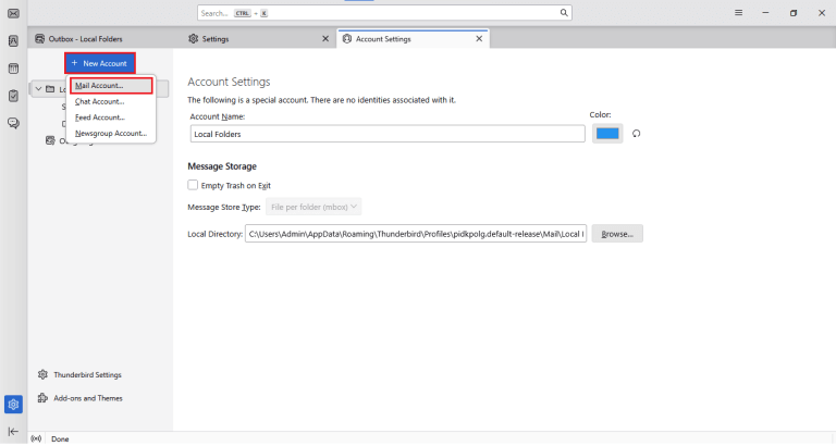 Click on new account and select mail account