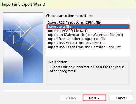 Export to a file click next