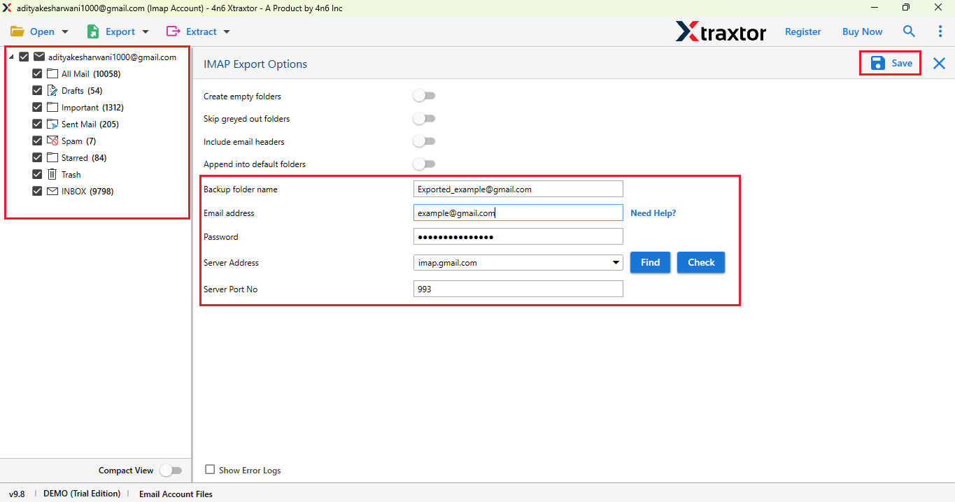 select folders and enter server details click save