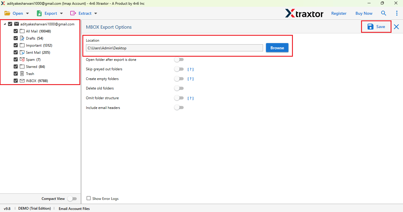 Select folder save pst file to new location