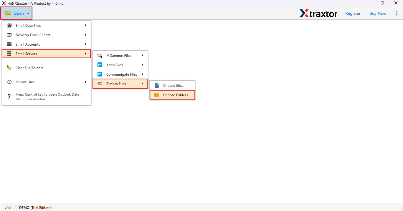 email server> zimbra file> choose folder