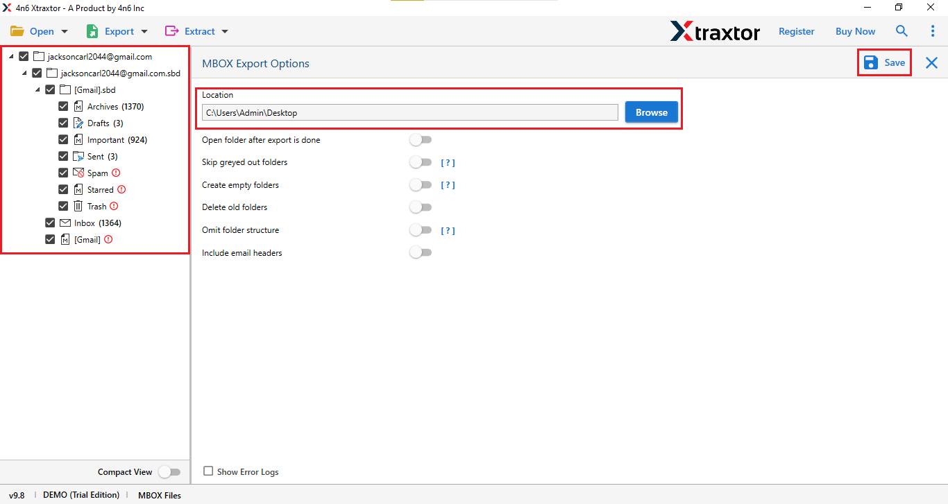 click Save to export yahoo mail to mbox