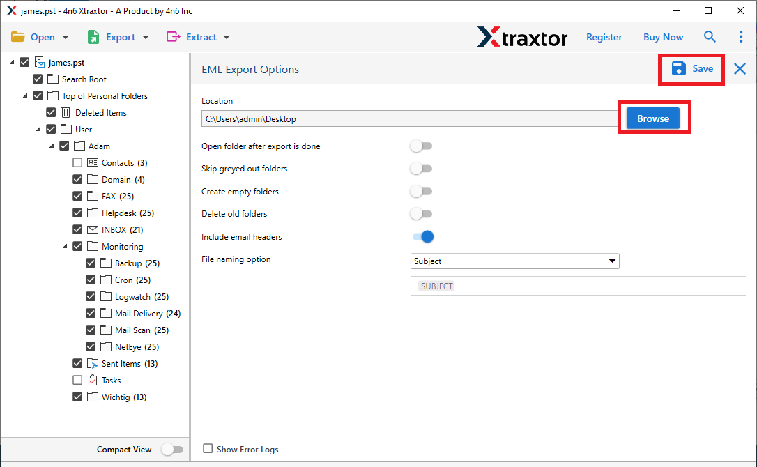click save to export cpanel emails to eml files