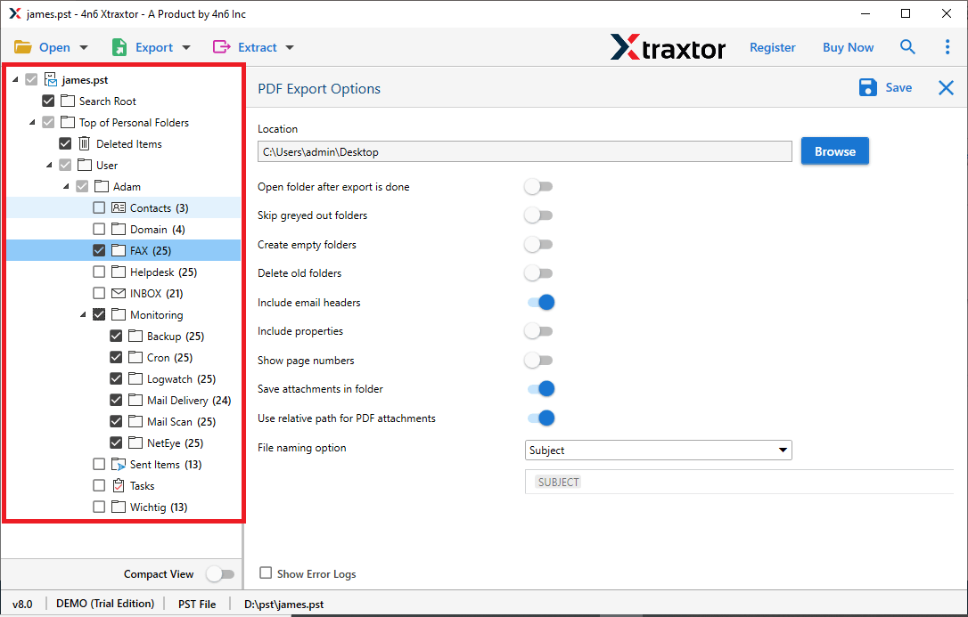 Select the required email folders to download attachments from apple mail