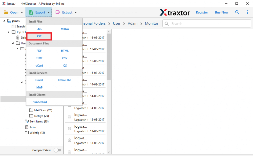 Click Export and choose PST
