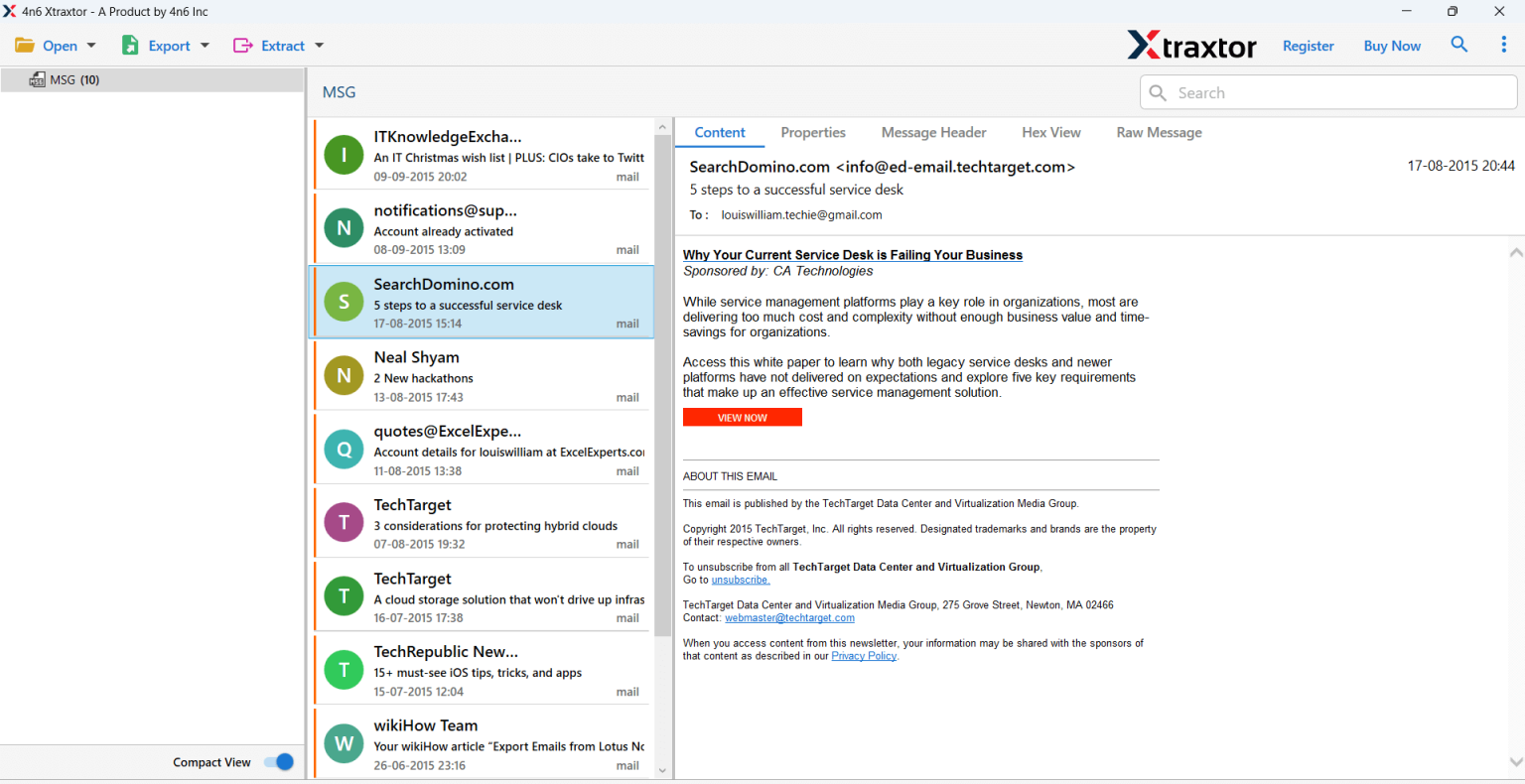 Preview the loaded MSG emails