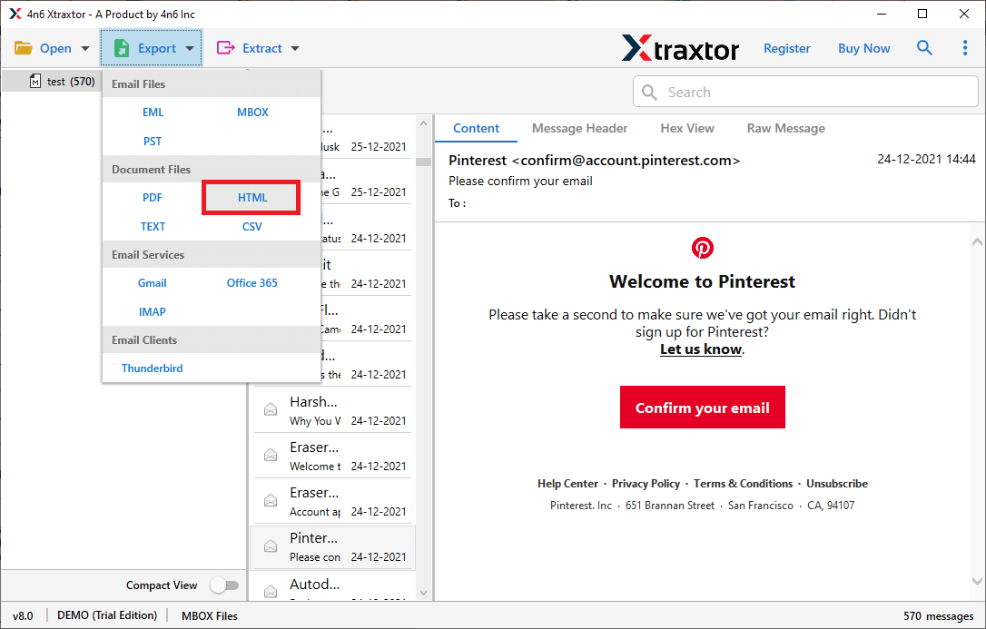 select the export option as HTML