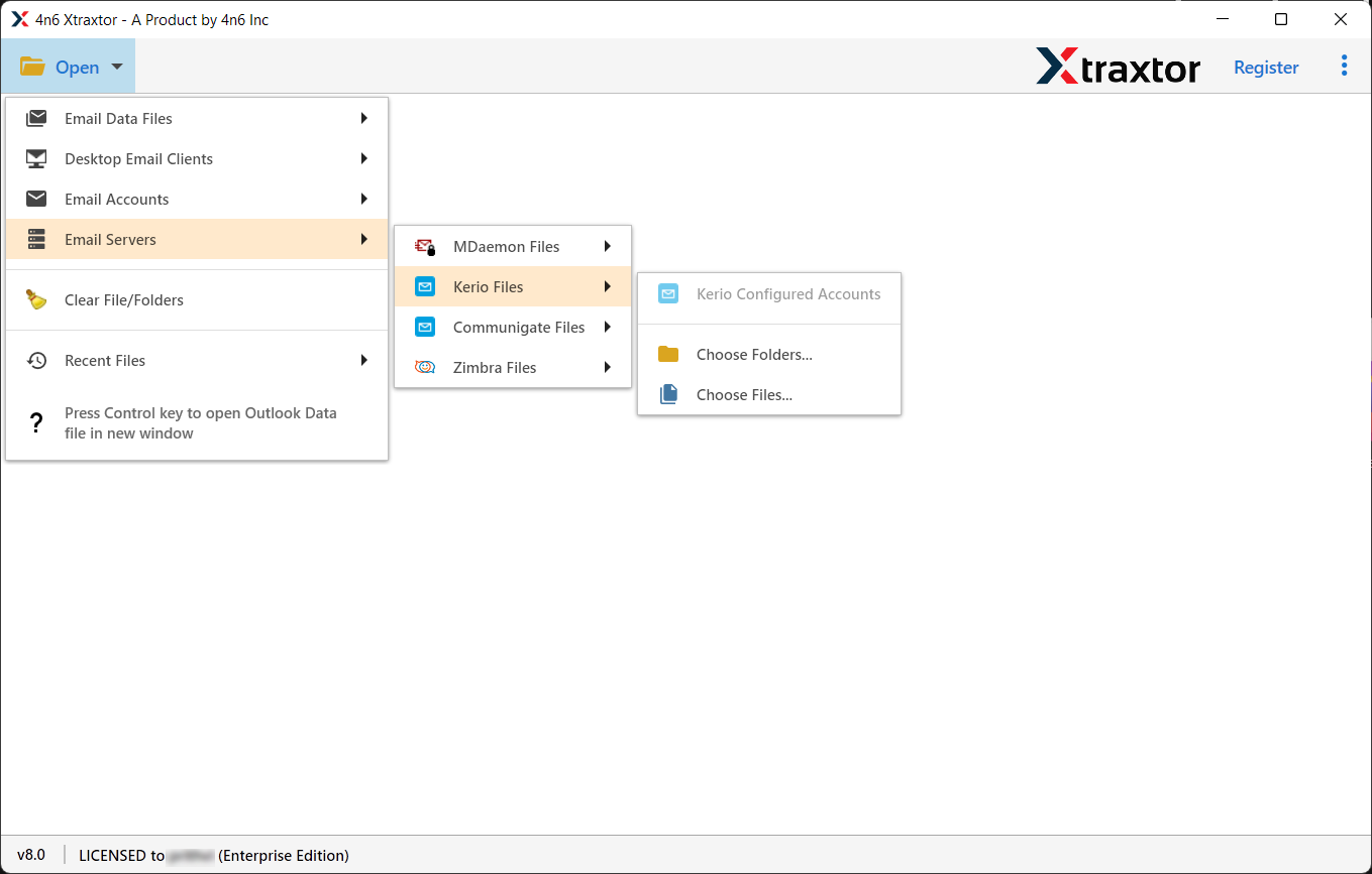 Click on Open >> Kerio Files >> Choose Files