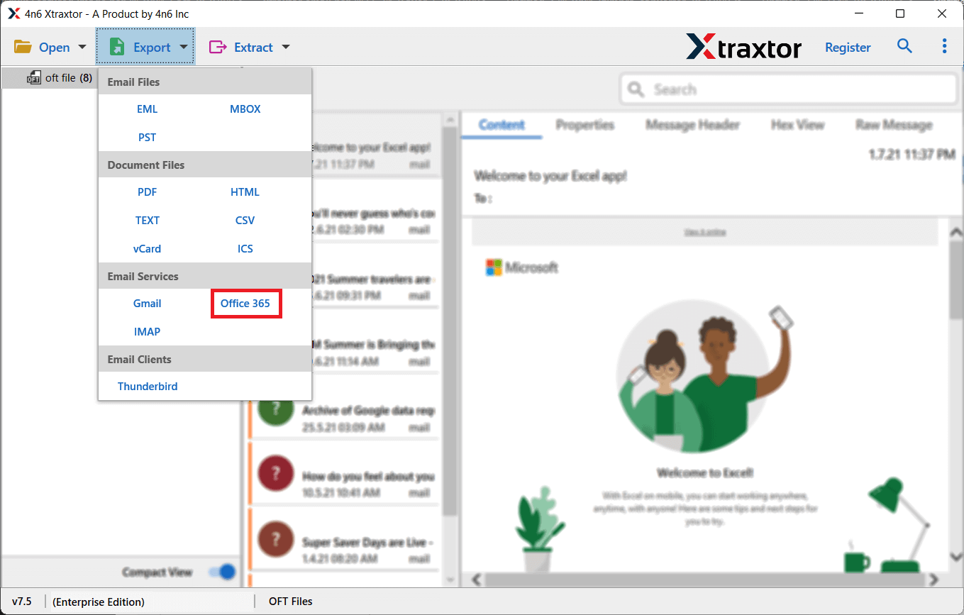 Click on Export and select Office 365