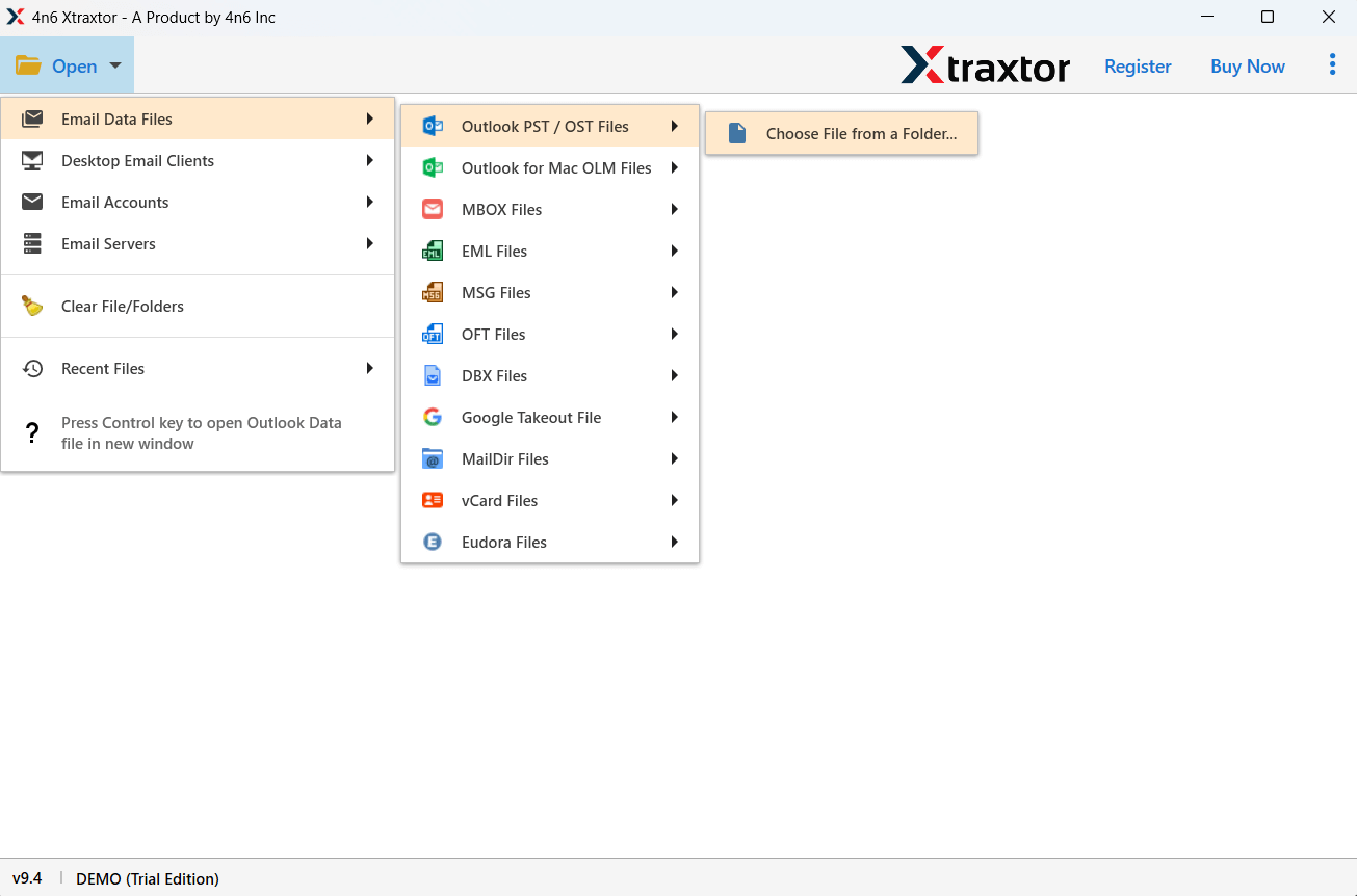 click Open >> Email Data Files >> PST Files
