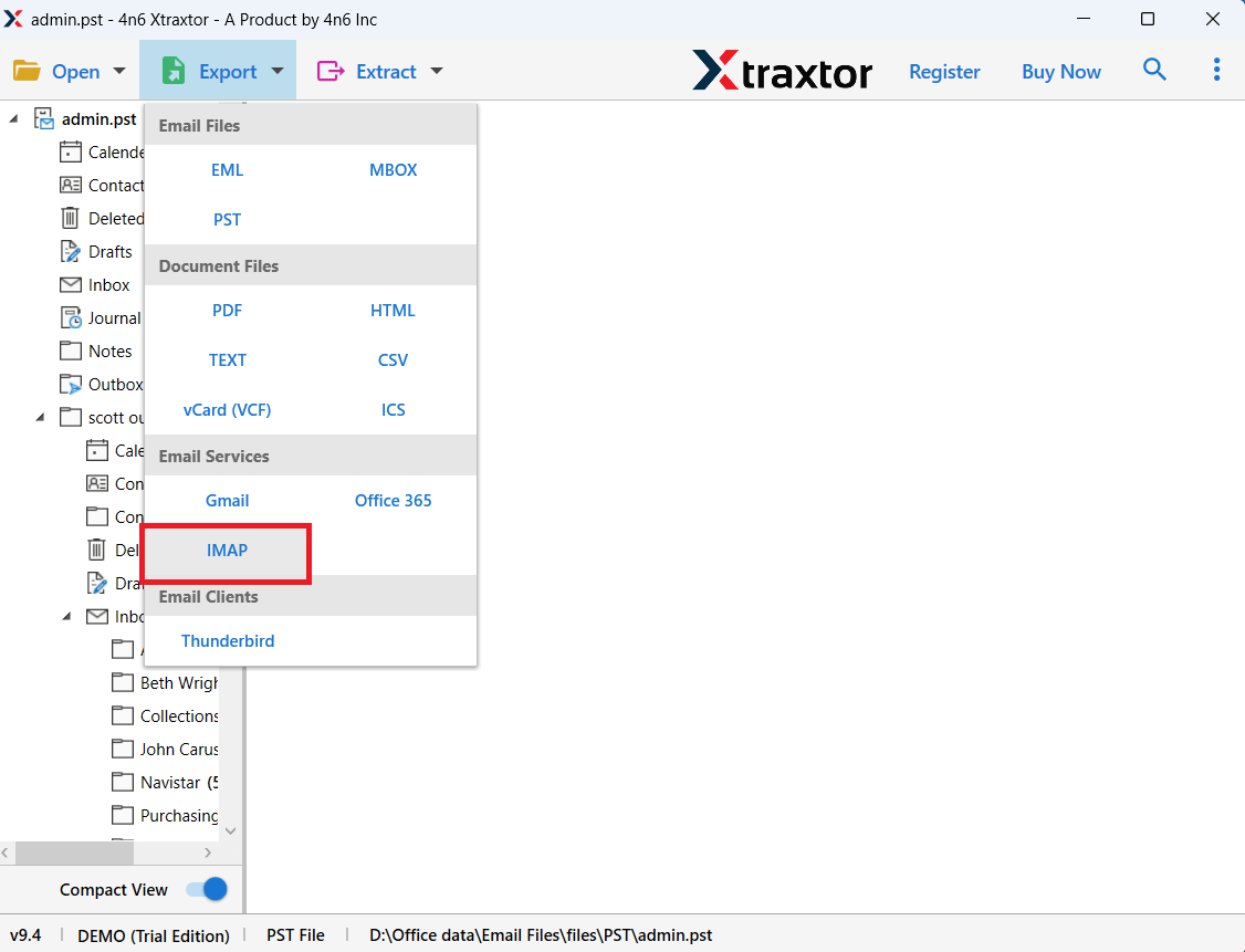 Click on the Export option and choose IMAP