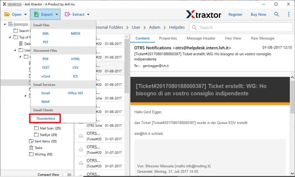 Click on Export and select Thunderbird