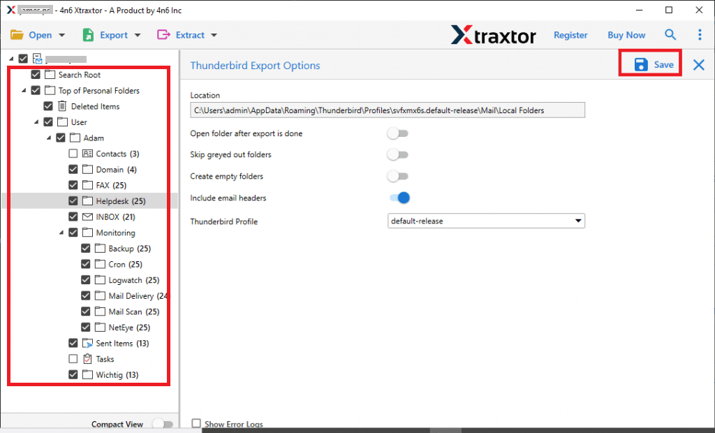 choose folders to import zimbra to thunderbird