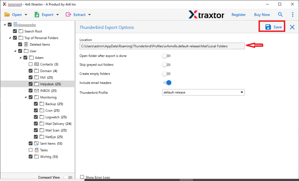click save to import zimbra to thunderbird