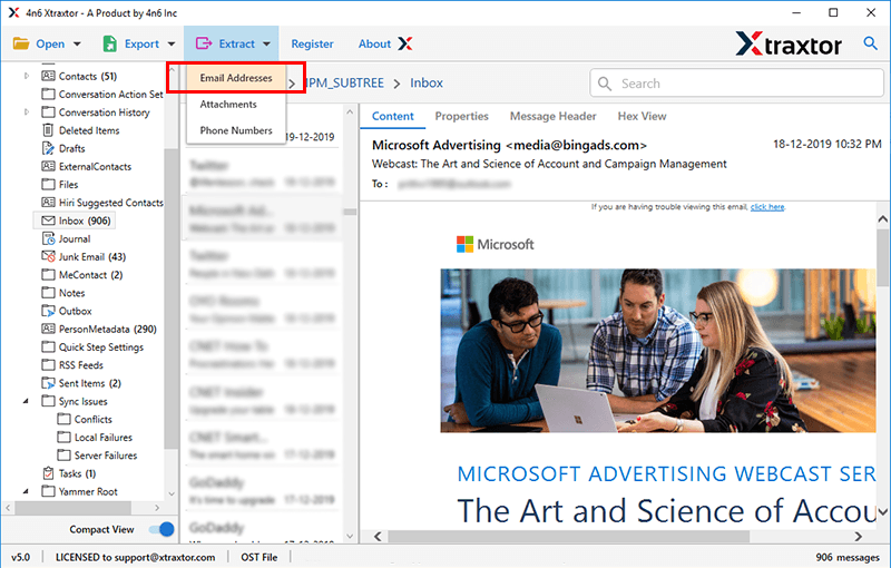 Click on the Extract menu and select the Email Addresses