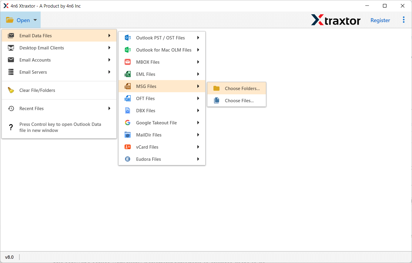 click Open tab and choose Email Data Files